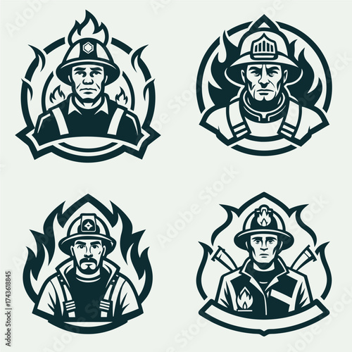 Four stylized illustrations of firefighters in uniform, set against a backdrop of flames and protective gear.