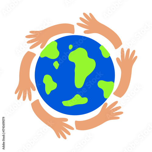Multiple Hands Encircling Earth Globe Flat Vector Illustration