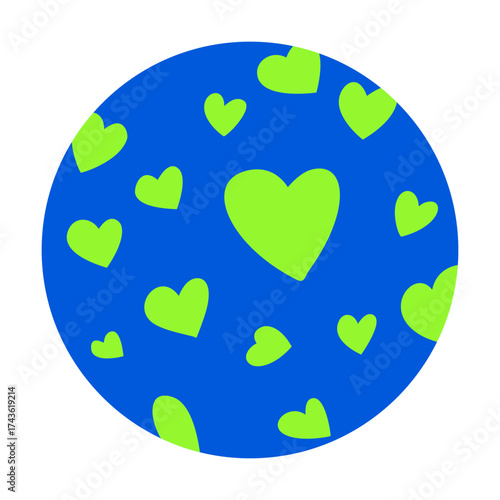 Abstract Earth Globe Pattern with Green Hearts Flat Vector Illustration