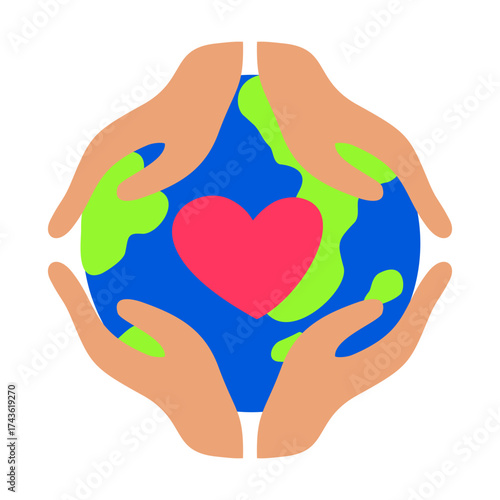 Four Hands Protecting Earth Globe with Heart Flat Vector Illustration