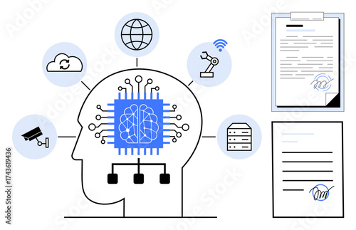 Human head with brain as a central microchip connected to icons representing cloud, robotics, data, surveillance, and signed contracts. Ideal for AI, automation, technology, innovation