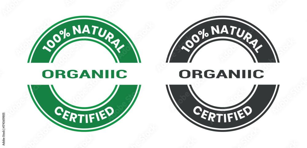 Obraz premium Green stamp says 100% natural organic product. Eco-friendly, sustainable, healthy eating, natural ingredients. 100% natural organic logo, label, sign, badge, symbol, banner, isolated illustration. 