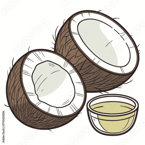 Illustration of a whole coconut cut in half revealing white flesh next to a small bowl of clear liquid