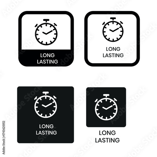 Long lasting icons set, logo, label, badge, symbol, arrow, stamp, black, line, flat vector, isolated illustration. Pharma or beauty label for product packaging design. Hourglass, time, clock icon.