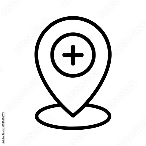 Isolated Map Location Pin with Plus Sign Outline Icon
