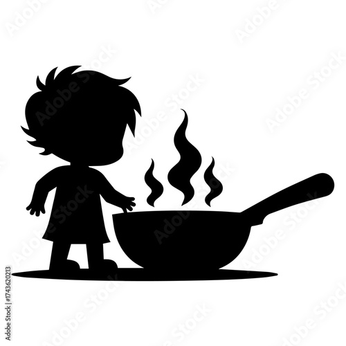 Silhouette of a curious child standing near a hot pan with steam rising, symbolizing child safety, kitchen hazards, cooking risks, and the importance of supervision to prevent accidents and burns.