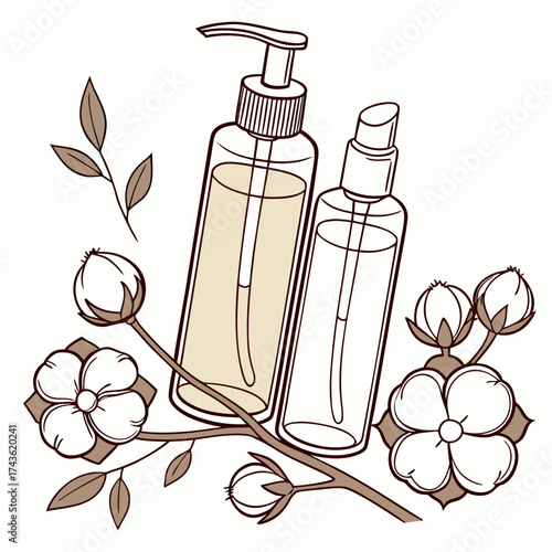 Two cosmetic bottles with a dispenser and spray nozzle surrounded by cotton plant branches and flowers