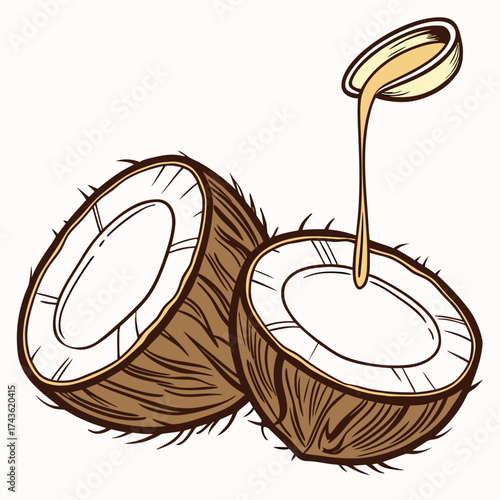 Two halves of a ripe brown coconut with golden oil dripping from a spoon into one half