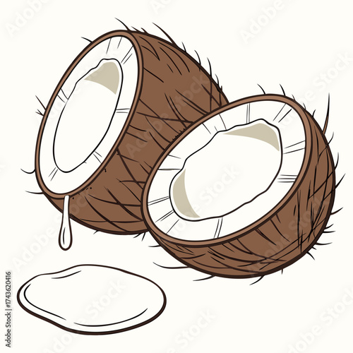 Two halves of a ripe coconut with fresh coconut water dripping onto a puddle