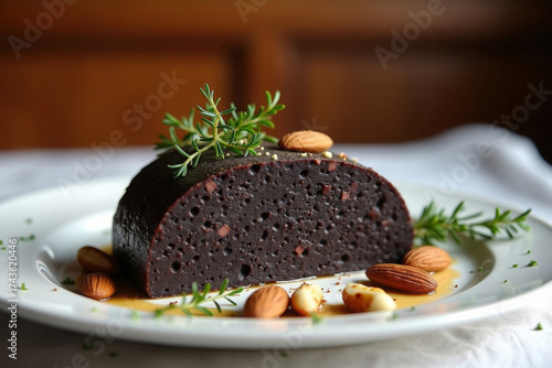 slice of rich dark chocolate cake served on white plate with almonds herbs and caramel sauce dessert concept symbolizing indulgence sweetness homemade baking gourmet cuisine and elegant presentation