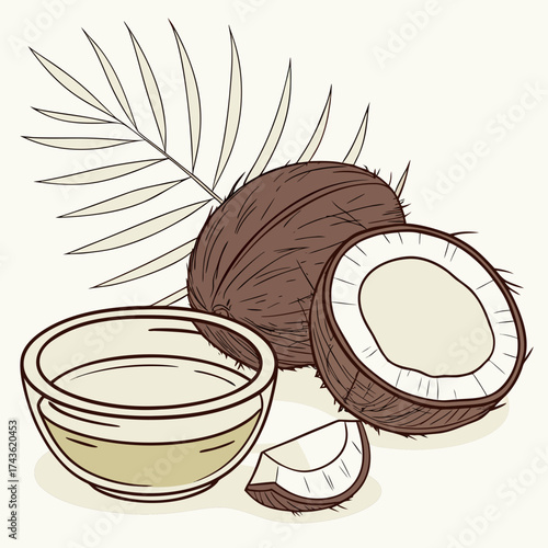 Whole and halved coconuts with a bowl of oil and a palm leaf on a light background