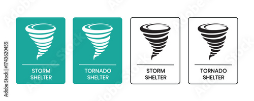 Tornado shelter and storm shelter sign, Tornado shelter and storm shelter label, badge, icon, sticker, label, emblem, stamp, symbol, black, line, flat vector, isolated illustration.