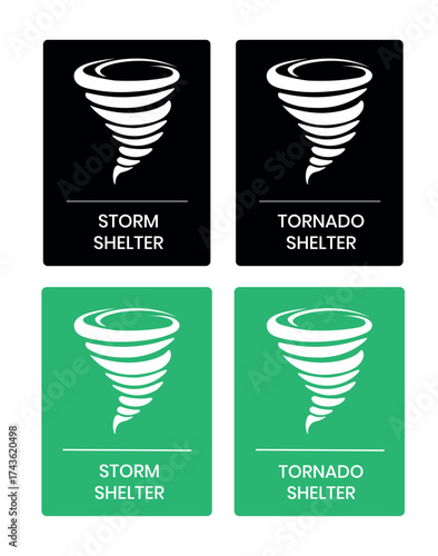 Tornado shelter and storm shelter sign, Tornado shelter and storm shelter label, badge, icon, sticker, label, emblem, stamp, symbol, black, line, flat vector, isolated illustration.