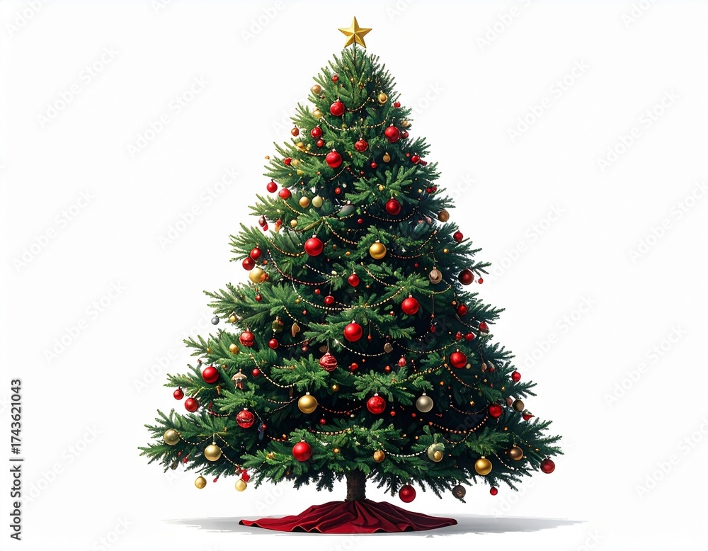 Fototapeta premium Red and Gold Christmas Tree with Star Topper and Garland Wrap