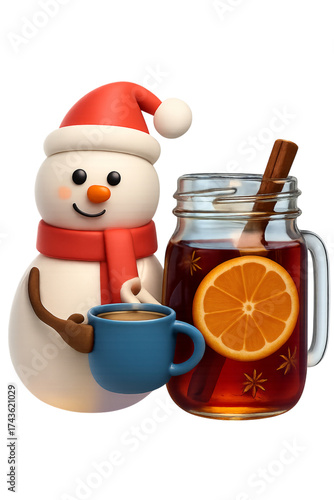 Festive snowman with hot drink and mulled wine