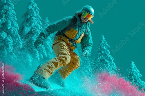 Epic winter adventure in the heart of russia's pine-laden mountains. Product showcase. Intense ride: deep powder and towering pines in russian resort glory. Creative concept. Lifestyle shot.