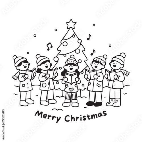 Joyful children singing carols around Christmas tree, festive coloring page with merry cheer. 