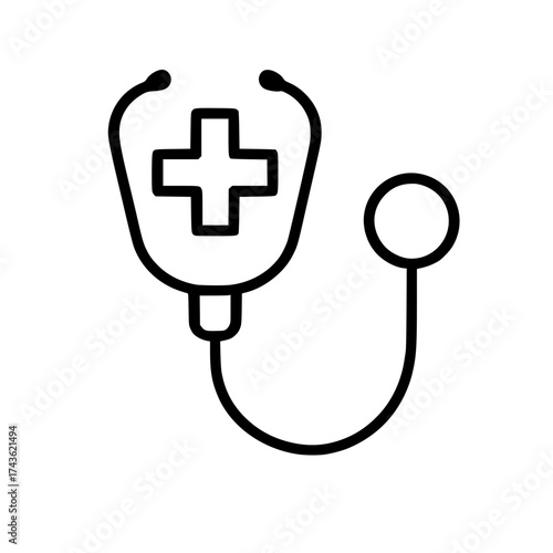 Medical Stethoscope Line Art Icon with Cross Symbol
