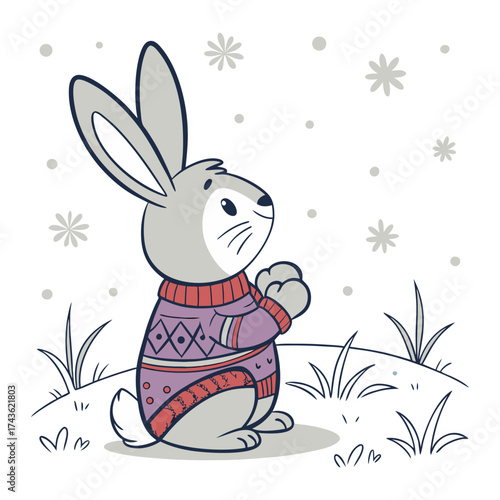 Cartoon bunny in winter sweater and mittens sitting in snowy forest setting, suitable for christmas holiday greeting cards and seasonal vector artwork for winter design projects