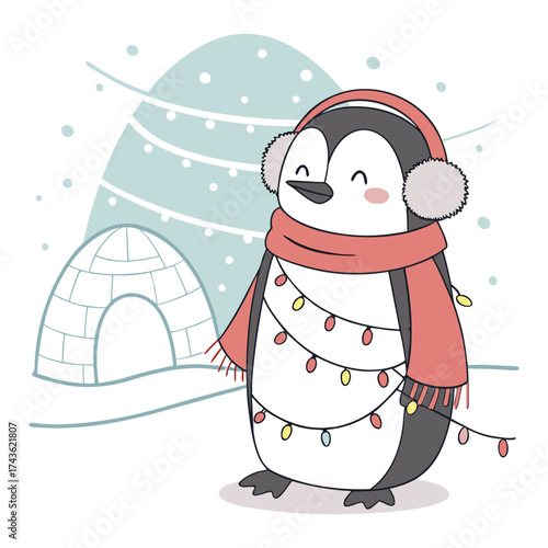 Penguin in earmuffs and scarf tangled in colorful lights standing in snowy landscape with ice mountains, suitable for christmas and new year holiday season design projects