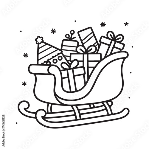  Joyful Christmas sleigh overflowing with gifts, festive line art.