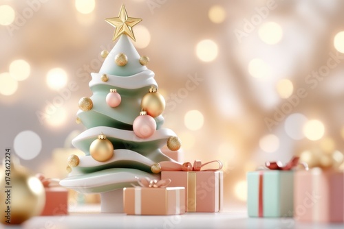 Festive christmas tree with gold ornaments and gifts in cozy holiday setting