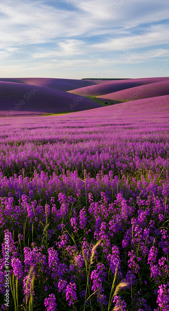 Obraz premium Expansive Fields of Purple Flowers Blanketing Rolling Hills Under a Clear Sky