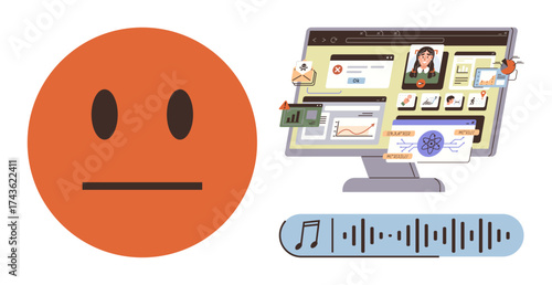 Neutral face emoticon next to a computer screen with websites, charts, and a waveform. Ideal for communication, technology, online tools, media, workflow, creativity expression simple flat metaphor
