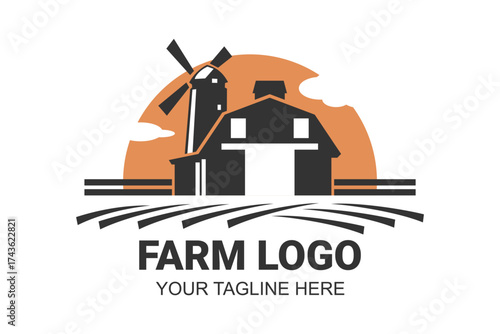 Farm House logo isolated on white background. Black emblem with farmhouse for natural farm products. Vector illustration.