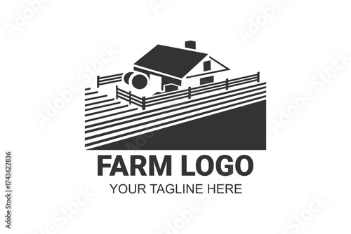 Farm House logo isolated on white background. Black emblem with farmhouse for natural farm products. Vector illustration.