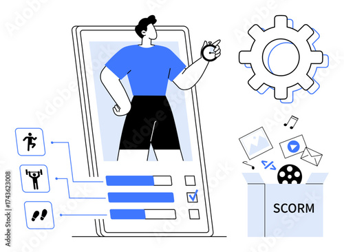 Smartphone screen with fitness tracker apps, user activity analytics, SCORM files, media elements, and settings gear. Ideal for e-learning, digital education, content sharing, productivity