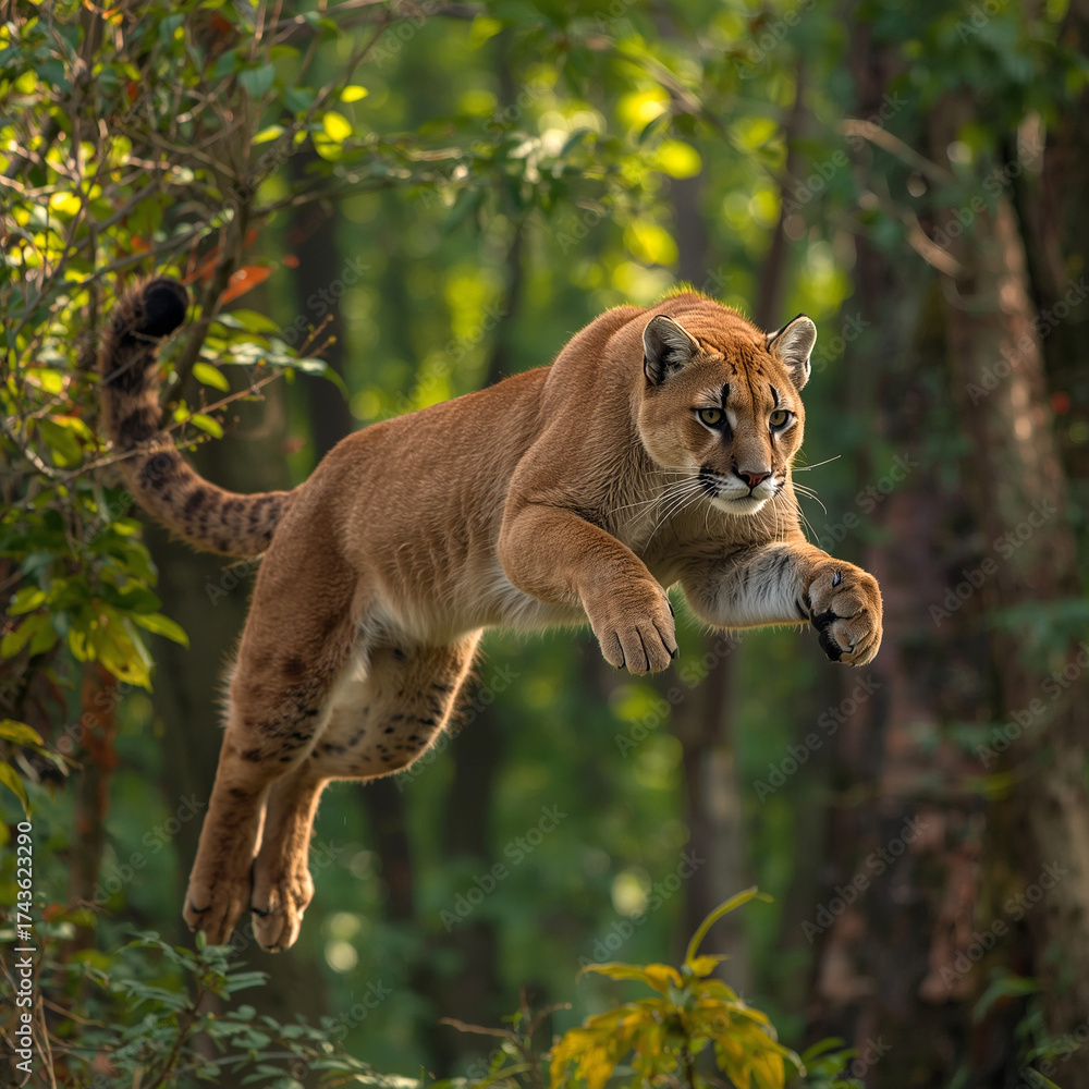 Naklejka premium A puma in mid-air, captured in dynamic pose with its legs outstretched and claws extended, jumping through a lush, vibrant forest