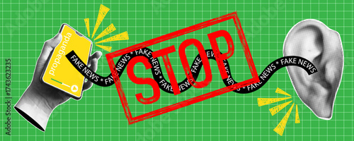 Trendy halftone banner with hand holding smartphone playing fake news in ear. Stop  propaganda and fake news concept. False information spreading. Contemporary collage for design template. Vector