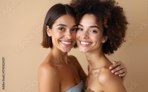 Portrait of two women smiling and looking in the camera against beige background, natural skincare products, natural and clean beauty products. High quality