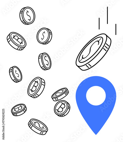 Coins featuring Bitcoin and dollar symbols fall toward a blue location marker. Ideal for finance, cryptocurrency, investment, payment services, digital economy, money transfer, location-based