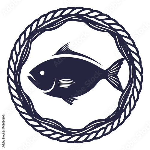 Jumping fish in retro woodcut style inside circular frame of nautical rope, surrounded by swirling sea waves, black and white design emphasizing maritime theme and dynamic motion.