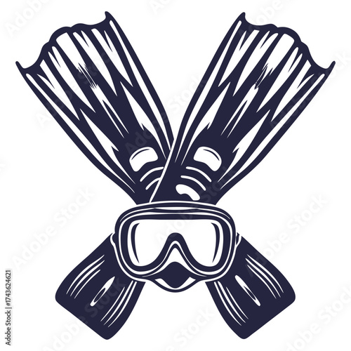 Monochrome vector of diving mask with snorkel and crossed flippers, suitable for underwater exploration, marine themes and nautical emblem designs