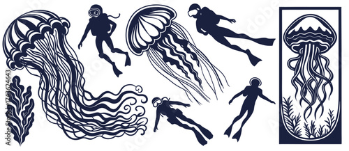 Silhouettes of scuba divers navigating ocean depths, discovering graceful jellyfish and swaying seaweed, create enchanting underwater scene filled with marine wonder