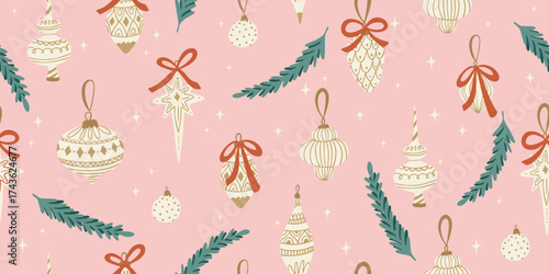 Modern hand drawn christmas seamless pattern with tree decoration, pastel pink background, elegant festive vector design for wrapping paper, fabric, greeting cards and holiday decor