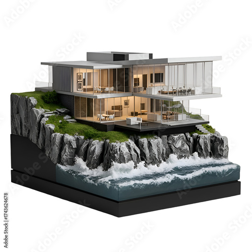 Wallpaper Mural Modern House Sits Atop Rocky Cliff, Overlooking Ocean Waves, on Transparent Background Torontodigital.ca