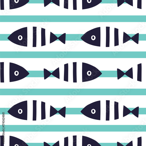 Сute blue fish and blue stripes. Kids background.Seamless pattern. Can be used in textile industry, paper, background, scrapbooking.