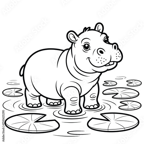 Adorable hippo calf wading in water with lily pads black and white vector illustration scalable eps silhouette White background