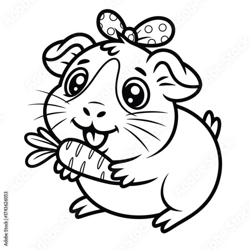 Cute guinea pig holding carrot line art vector illustration for coloring pages and educational content silhouette White background