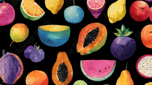 Colorful watercolor fruits on a black background
