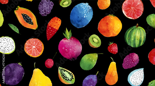 Colorful watercolor fruits on a black background