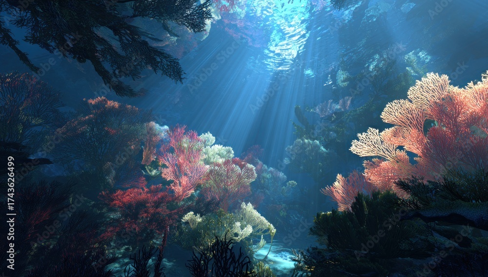 Obraz premium Vibrant underwater scene showcasing coral reefs, light rays, and diverse marine life