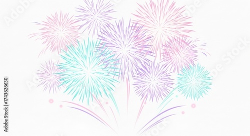 Pastel Fireworks Display on White Background, Celebratory Light Art Illustration