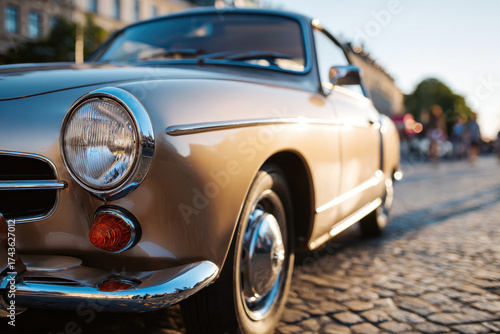 Old retro car in urban sunset
