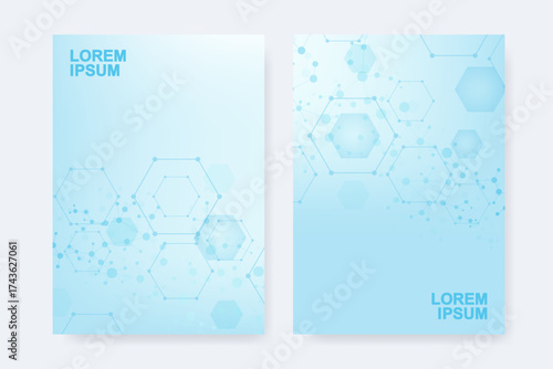 Modern templates for brochure magazine leaflet flyer cover booklet annual report. Modern futuristic hexagonal pattern with particle, molecule structure for medical, technology, chemistry, science.