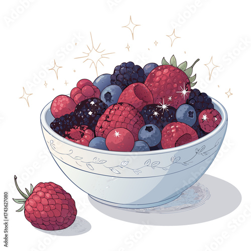 Detailed Sparkling Illustration of Frozen Mixed Berries in a Bowl